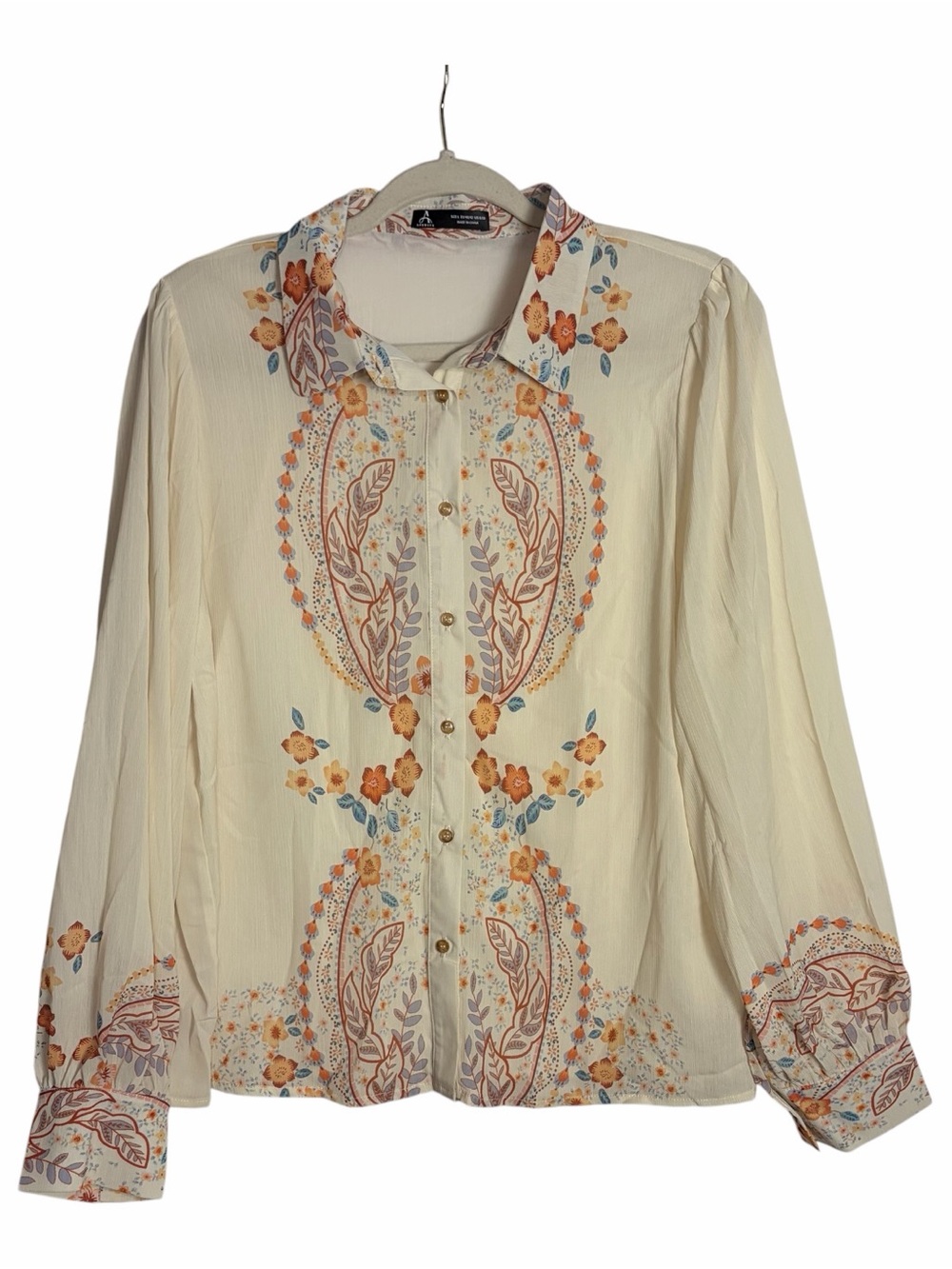 Anewsta Sheer  Blouse Womens L Cream Coral Multi Floral Leaf Design Button Front